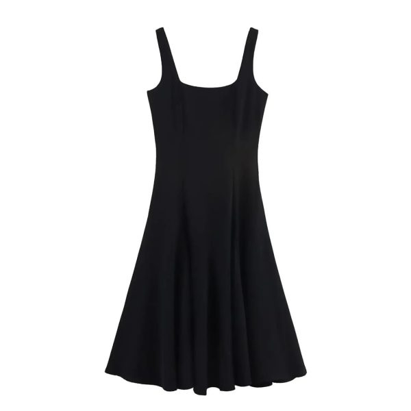 Women's Spring Summer Square Collar Sleeveless Sling A-Line Loose Hem Midi Chic Long Skirt Classic Dress