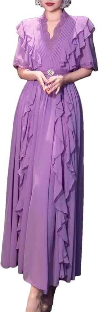 Women's Elegant Luxury Lace Maxi Dress V-Neck Ruffles Patchwork Chiffon Summer Party Evening Dresses