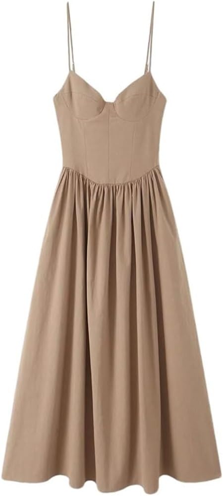 Women’S Dress Temperament Slim Summer Long Suspender V Neck Casual Adjustable Shoulder Strap Big Swing A Line Dresses