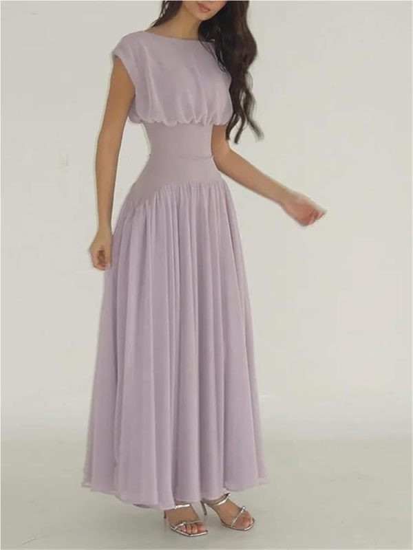 Cap Sleeves Chiffon A Line Long Party Dress for Women O Neck Spring Summer Chic Evening Gowns