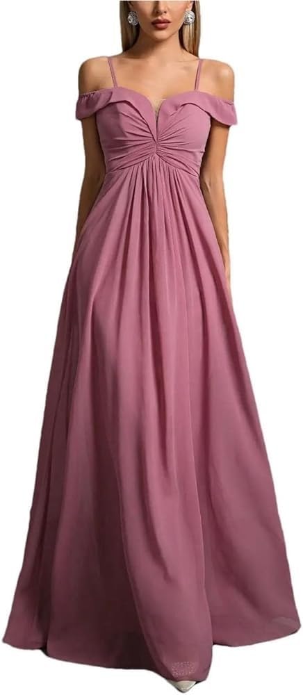 Women's One-Shoulder V-Neck Evening Dress Pleated Chiffon Long Ball Gown Party Formal Wear