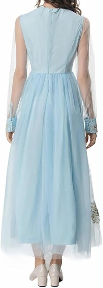 Women's Vintage Floral Embroidery Sequins Net Yarn Dress Flowy Maxi Party Evening Dresses