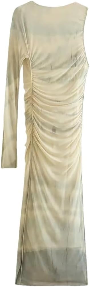 Boho One Shoulder Dress Women Sexy Ruched Tie Dyed Maxi Long Dress Tulle Elastic Summer Beach Party Evening Robe Gown