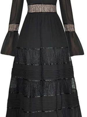 Women's Vintage Patchwork Lace Maxi Dress Bell Sleeve Pleated High Waist Slim A-Line Party Dresses