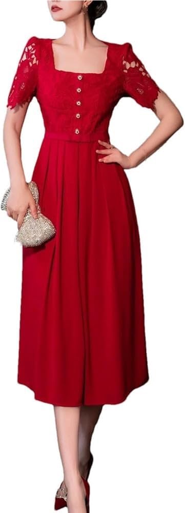 Women's Summer Lace Patchwork Dress Chic One Piece A-Line Holiday Vacation Party Midi Dresses