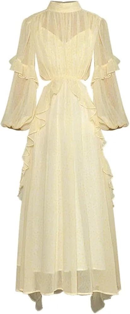 Women's Stand Collar Lantern Sleeve Elegant Casual Dress Backless Hollow Out Slim Fit Festival Dresses