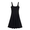 Women's Spring Summer Square Collar Sleeveless Sling A-Line Loose Hem Midi Chic Long Skirt Classic Dress