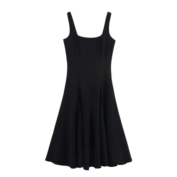 Women's Spring Summer Square Collar Sleeveless Sling A-Line Loose Hem Midi Chic Long Skirt Classic Dress