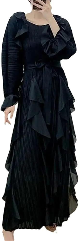 Women's Party Dress Maxi Ruffles Pleated Round Neck Flare Sleeves Solid Lace Up Dress