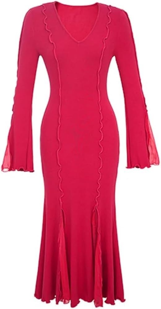 Women's Sexy Bodycon Dresses Knitted Dress Long Fishtail Skirt Elegant Trumpet Sleeve Party Evening Dress