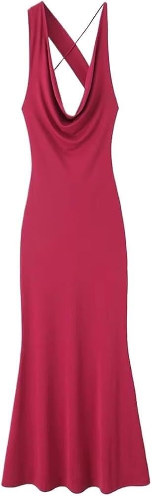 Womens Summer Casual Flowy Long Dress Solid Color Halter Neck Beach Party Sexy Maxi Skirt