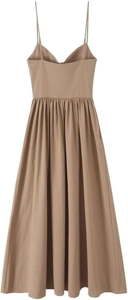 Women’S Dress Temperament Slim Summer Long Suspender V Neck Casual Adjustable Shoulder Strap Big Swing A Line Dresses