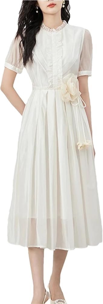 Vintage French Style A-Line Dress for Women Summer Solid Mesh Short Sleeve Long Dress Casual Boho Maxi Dress(Small)