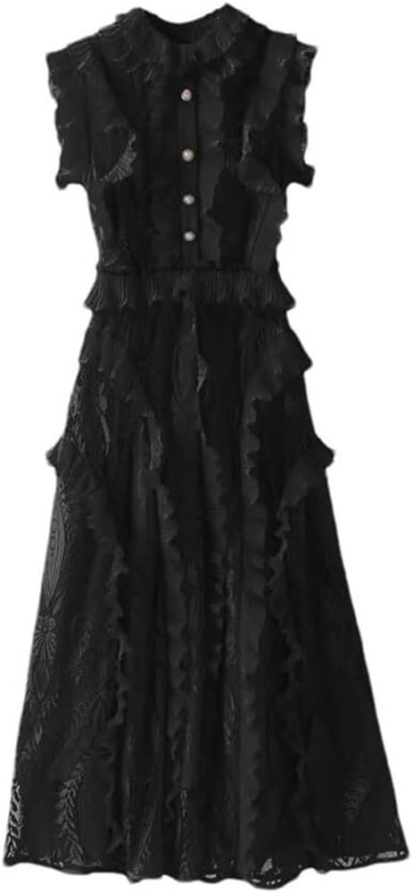 Women's Summer Sleeveless Midi Prom Dress Lace Ruffles Patchwork Party A-Line Party Evening Dresses