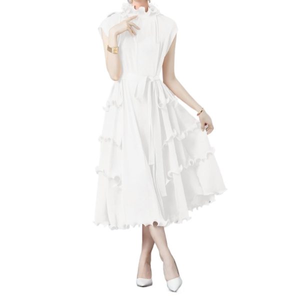 Women's Orange Flowy Pleated Dress Ruffled Hem Chiffon Maxi Summer Boho Dresses
