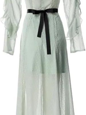 Women's Bohemian Chiffon Long Dress Stand Collar Belt Hollow Lace Ruffle Patchwork Maxi Dresses