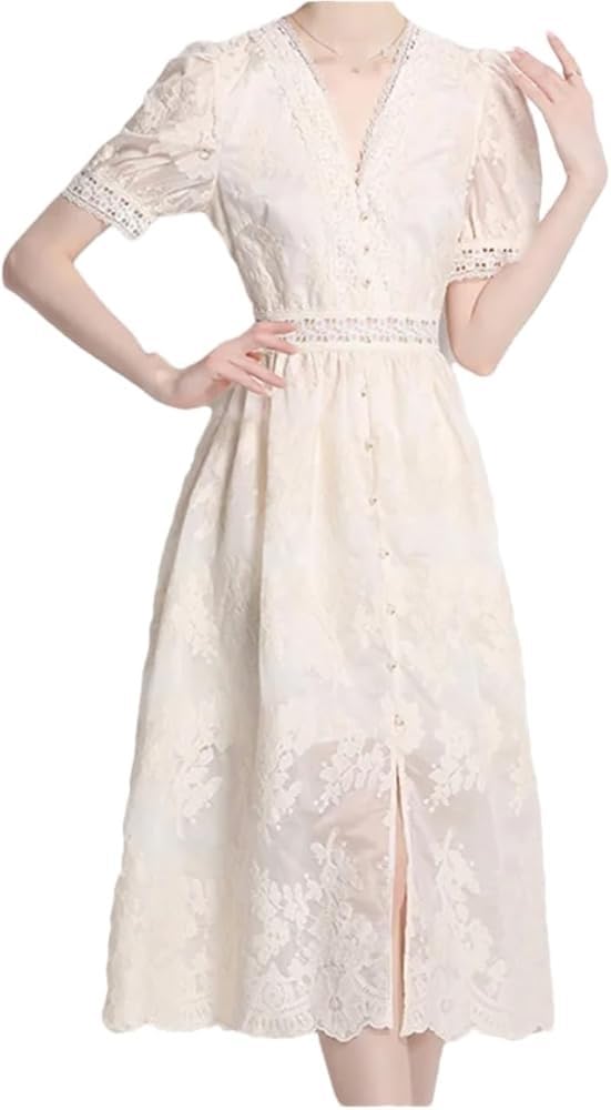 Womens Embroidered Lace Patchwork Maxi Skirt Party Evening Gown A-Line Vintage Elegant Formal Wedding Dresses