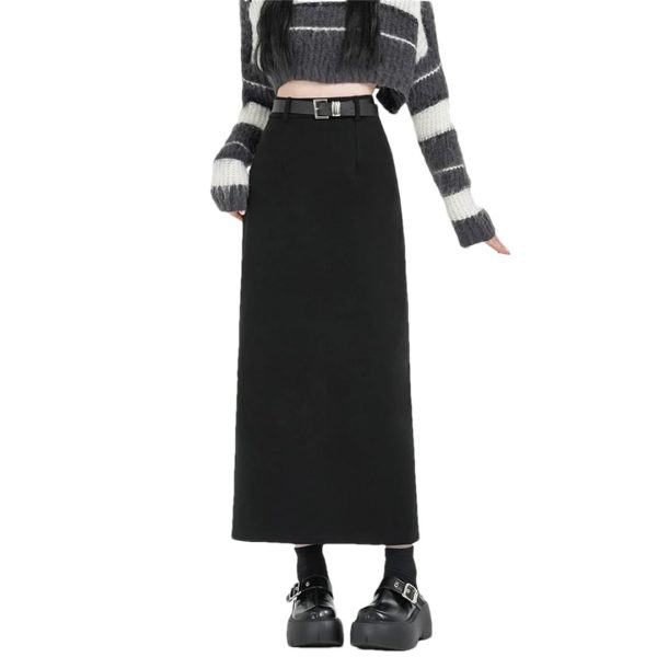 Women High Waist Straight Long Pencil Vintage Woolen Midi Skirts