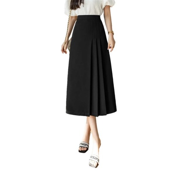 Women Vintage Solid High Waist Long Pleated Skirt Elegant Office Wear A-Line Ladies Skirts