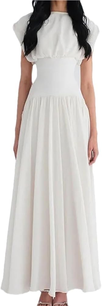 Cap Sleeves Chiffon A Line Long Party Dress for Women O Neck Spring Summer Chic Evening Gowns