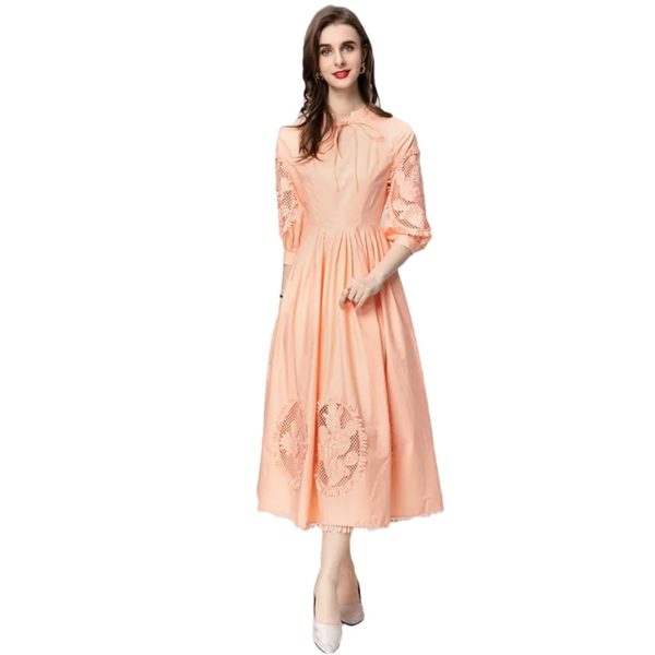 Women Stand-Up Collar Lantern Three Sleeved Lace-Up Mesh Hollow Out Fringed Bohemian Dress