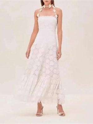 Handmade Embroidery Halter Hollow Long DressWomens Australian Summer Maxi Dress Casual Gown Bohemian Beach Skirt