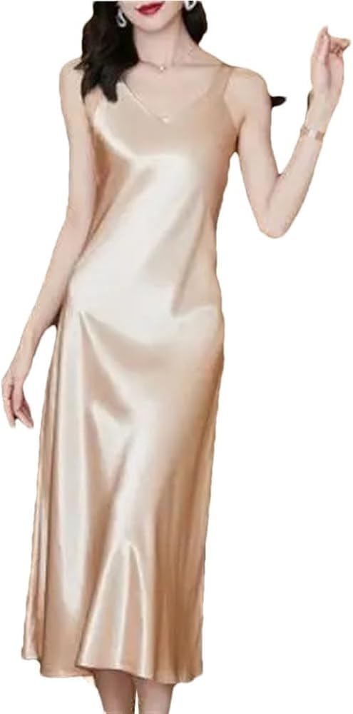 Silk Dress Women Summer Long V-Neck A-Line Evening Skirt Solid Color Party Prom Outfit