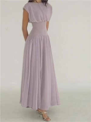 Cap Sleeves Chiffon A Line Long Party Dress for Women O Neck Spring Summer Chic Evening Gowns