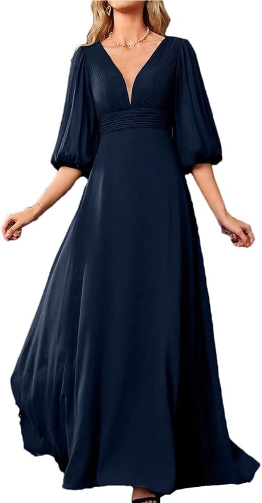 Women’S Dress Ruched Plunging V Neck Bridesmaid Short Sleeve Slim Chiffon A Line Dresses for Evening Party