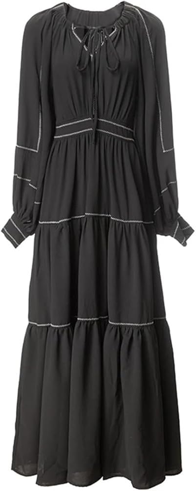 Women's Bohemian Casual Vacation Dress O Neck Lace-Up Lantern Long Sleeve Party Maxi Dresses