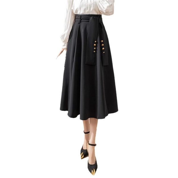 Women Vintage Elegant Big Swing Maxi Skirt High Waist Bandage Belt Cute Umbrella A-Line Long Skirts