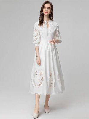 Women Stand-Up Collar Lantern Three Sleeved Lace-Up Mesh Hollow Out Fringed Bohemian Dress