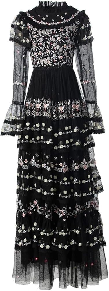 Women's Casual Vacation Dress Embroidery Sequins Net Yarn Cascading Ruffle Maxi Beach Party Dresses