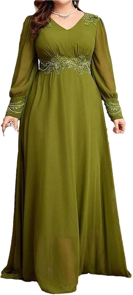 Women's Plus Size Embroidery Patchwork High Waist Maxi Dress V-Neck Lantern Sleeve Loose Fit Party Dresses