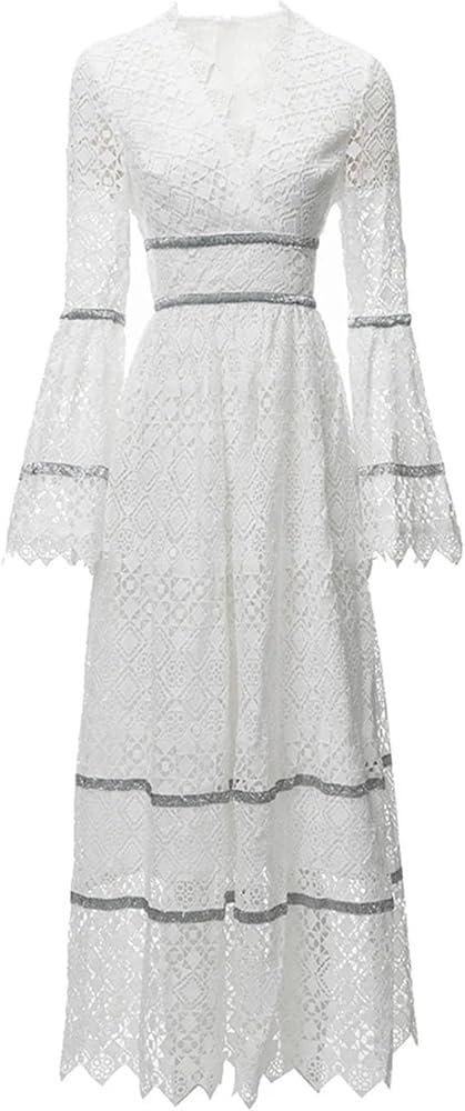 Womens White Lace Maxi Dress Long Sleeve Boho V Neck Flare Sleeve Vintage A Line Dress for Wedding Party Beach