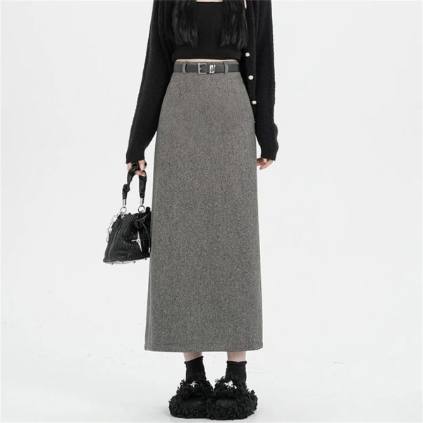 Women High Waist Straight Long Pencil Vintage Woolen Midi Skirts