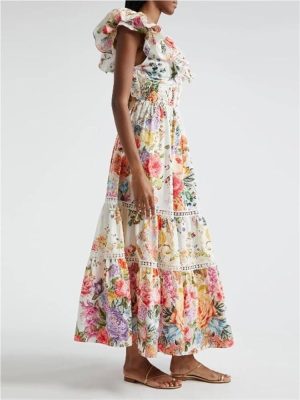 Women's Patchwork V-Neck Floral Print Dress Spliced Ruffles Short Sleeve High Waist Lace-Up Maxi Dresses