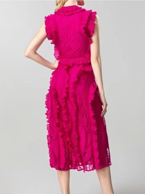 Women's Summer Sleeveless Midi Prom Dress Lace Ruffles Patchwork Party A-Line Party Evening Dresses