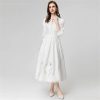 Women Stand-Up Collar Lantern Three Sleeved Lace-Up Mesh Hollow Out Fringed Bohemian Dress