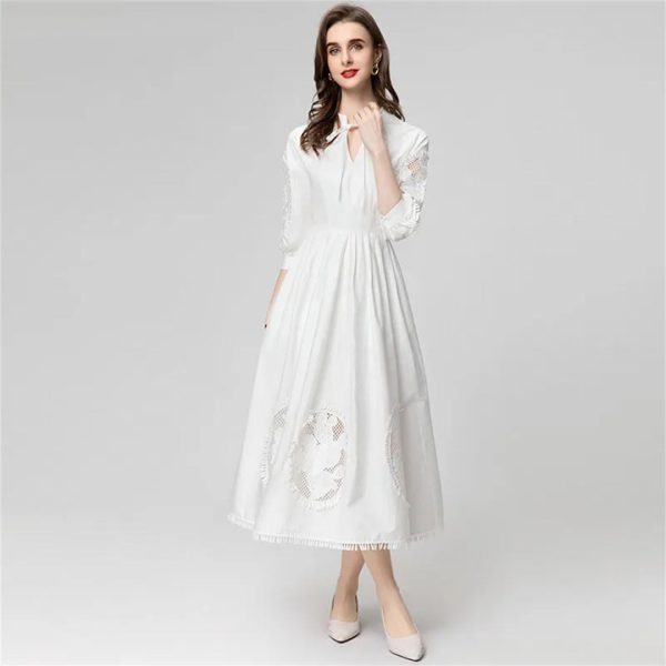 Women Stand-Up Collar Lantern Three Sleeved Lace-Up Mesh Hollow Out Fringed Bohemian Dress