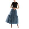 Womens Luxury Pleated Tulle Skirt, Black Grey Soft Mesh High Waist Maxi Long Skirts