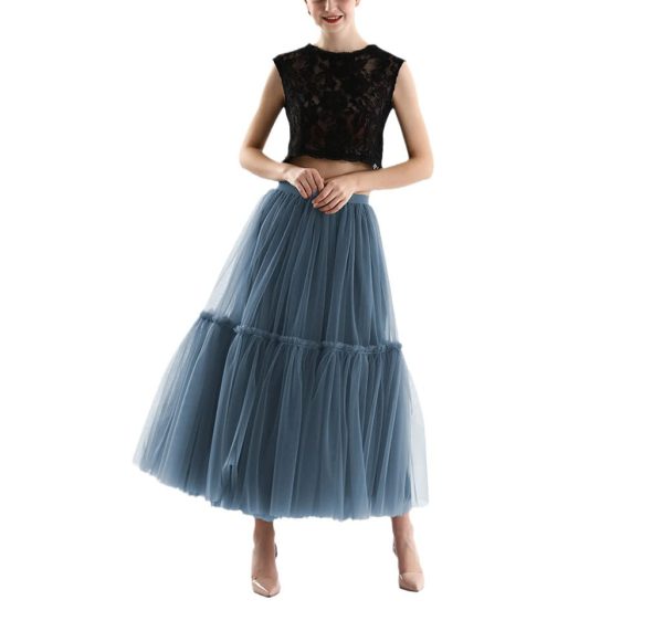 Womens Luxury Pleated Tulle Skirt, Black Grey Soft Mesh High Waist Maxi Long Skirts