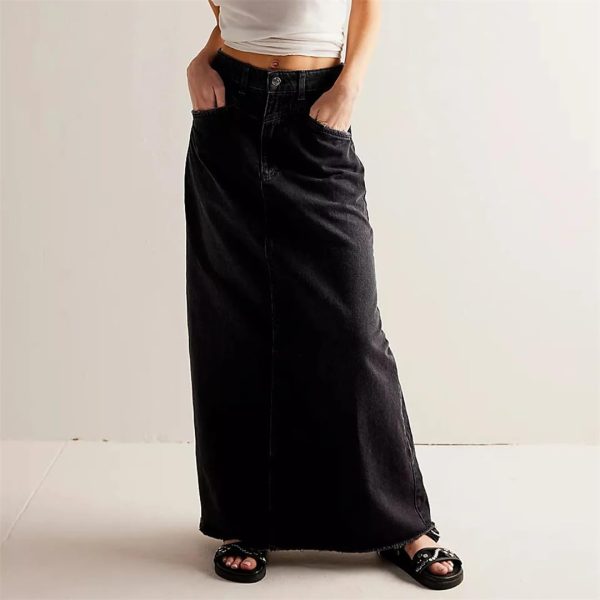 Women Vintage Denim Skirt High Waist A Line Long Wrap Hip Skirt Button Casual