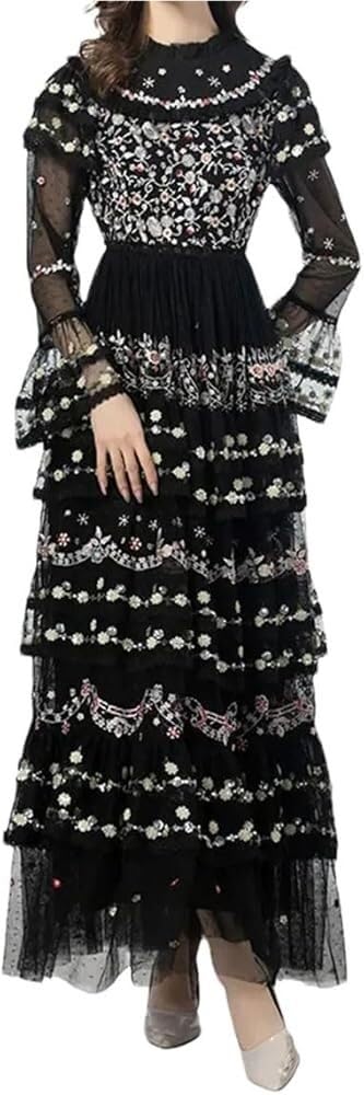 Women's Casual Vacation Dress Embroidery Sequins Net Yarn Cascading Ruffle Maxi Beach Party Dresses