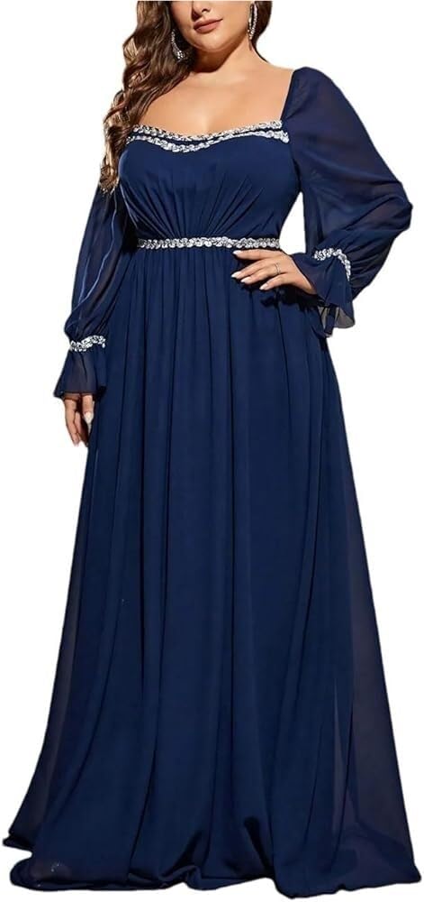 Women's Plus Size Elegant Maxi Dress for Formal Event Sequined Ribbon Pleated Chiffon Party Dress