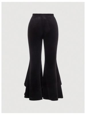 Women's Plus Size Bow Knot Lace Flare Leg Pants Ruffle High Waist Long Trousers
