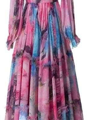Women's Bohemian Floral Print Chiffon Dress Ruffles Flare Sleeve Eleagnt Party Prom Dresses