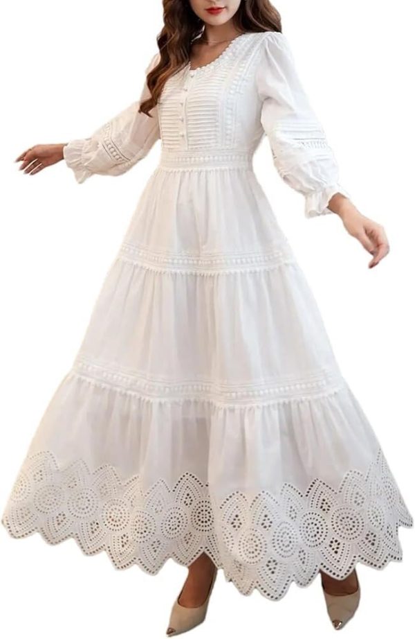 Classic Lace Maxi Dress Women Bohemian Hollow Out A Line Skirt Elegant White Casual Long Dresses