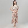 Women Summer Flare Sleeved Slim Waist Edible Tree Fungus Edge Elegant Print Bohemian Holiday Dress