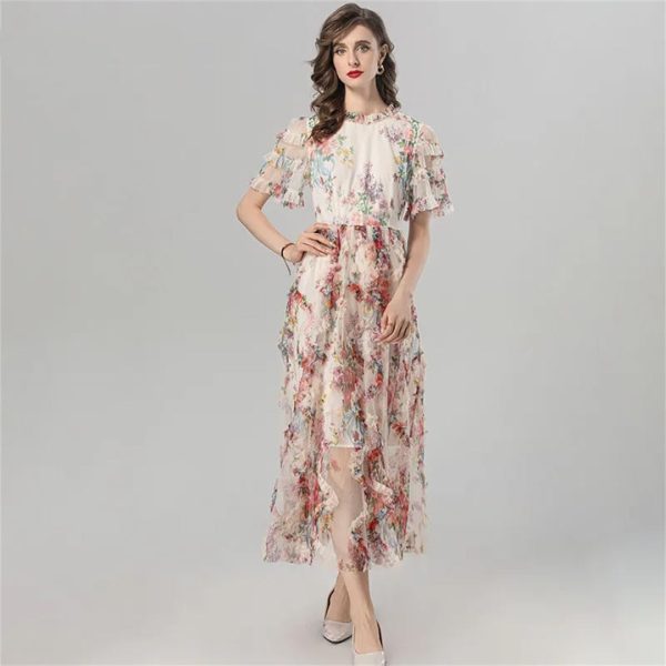 Women Summer Flare Sleeved Slim Waist Edible Tree Fungus Edge Elegant Print Bohemian Holiday Dress